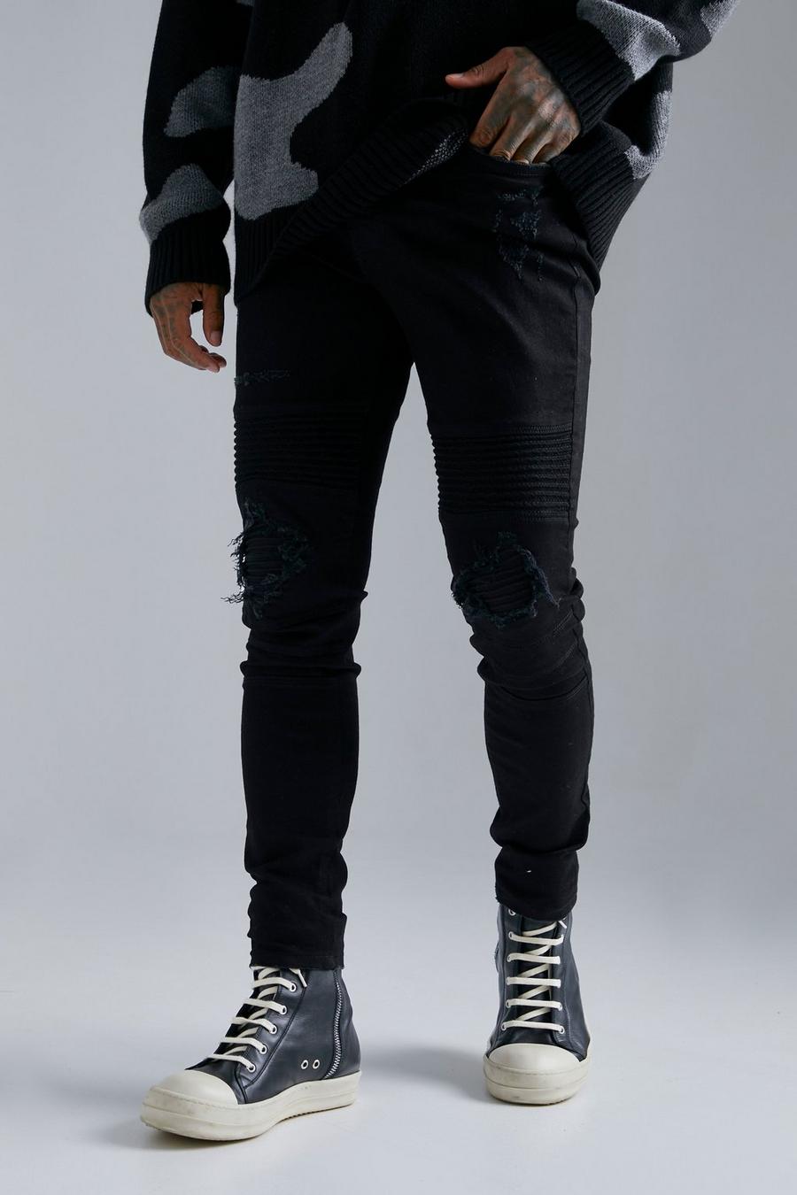 True black Slitna skinny biker jeans med lagningar image number 1