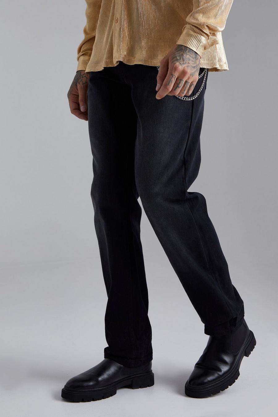 Washed black Loose fit jeans med kedja och uppvikt kant image number 1