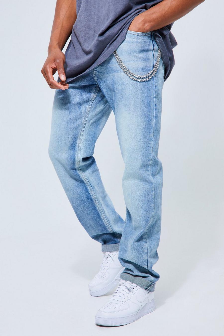 Vintage wash blå Relaxed Turn Up Jeans With Chain image number 1
