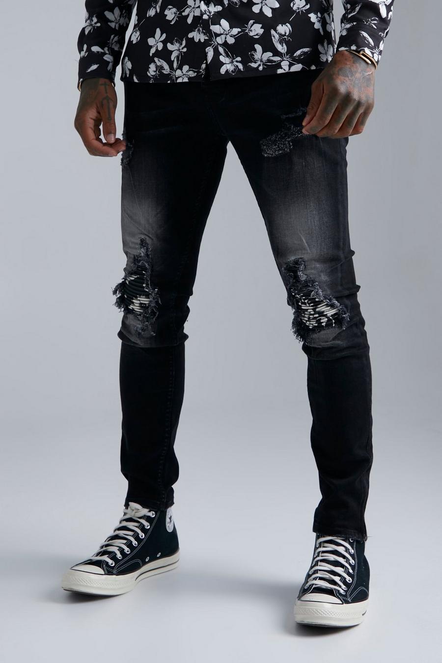 Washed black Skinny Fit Rip & Repair Bloemen Jeans image number 1