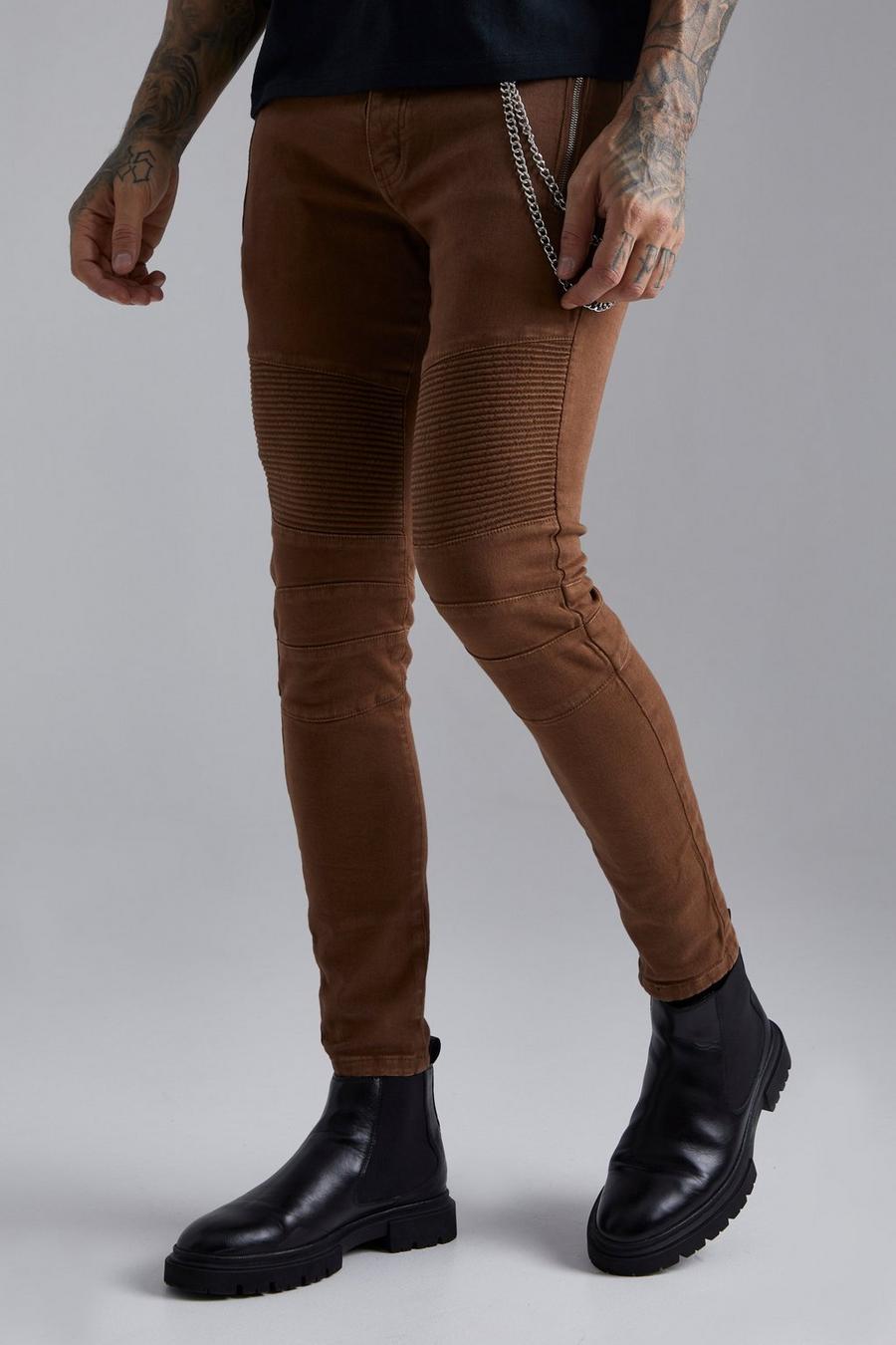 Brown Skinny Stretch Biker Jeans With Chain