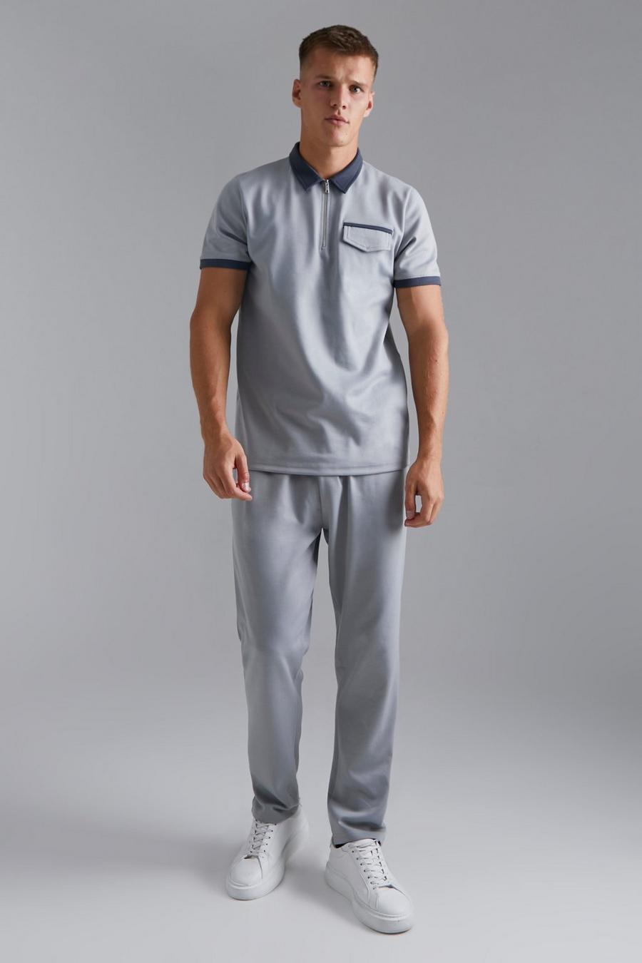 Grey Tall Slim Contrast Polo & Tapered Jogger Set image number 1
