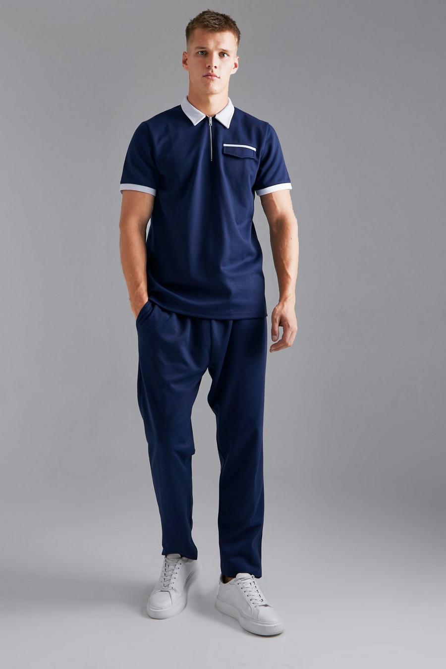 נייבי azul marino סט מכנסי טרנינג בגזרת קרסול צרה וחולצת פולו בגזרה צרה ובצבעים מנוגדים, לגברים גבוהים