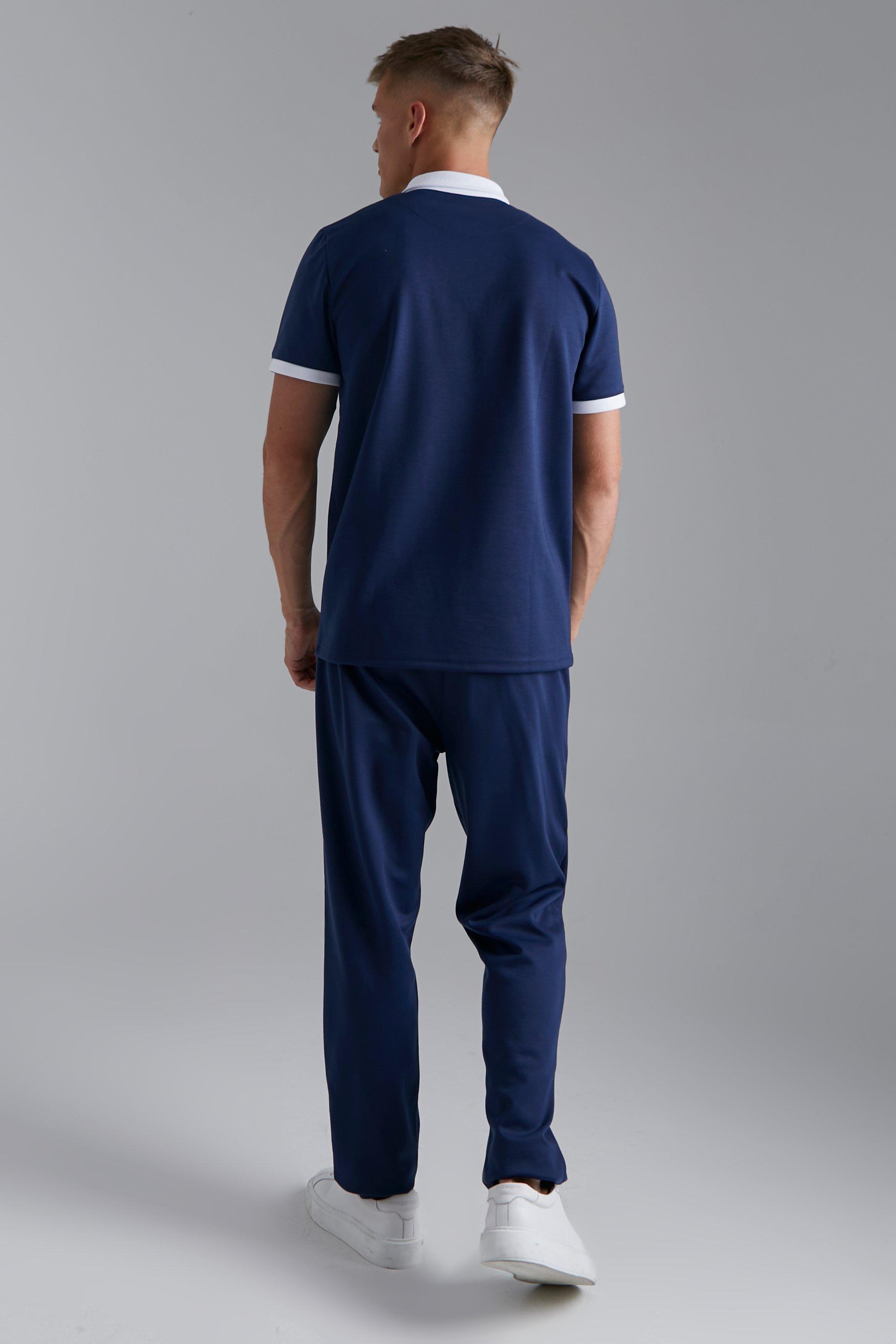 Tall Contrasterende Slim Fit Polo En Toelopende Joggingbroek Set