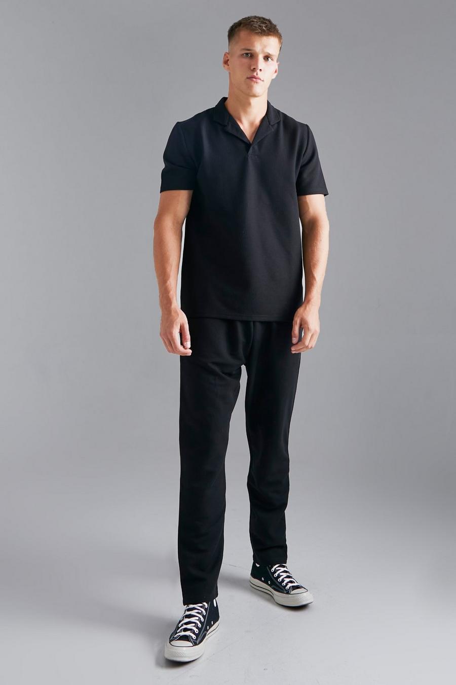 Tall Jacquard Poloshirt mit Kragen & Jogginghose, Black image number 1