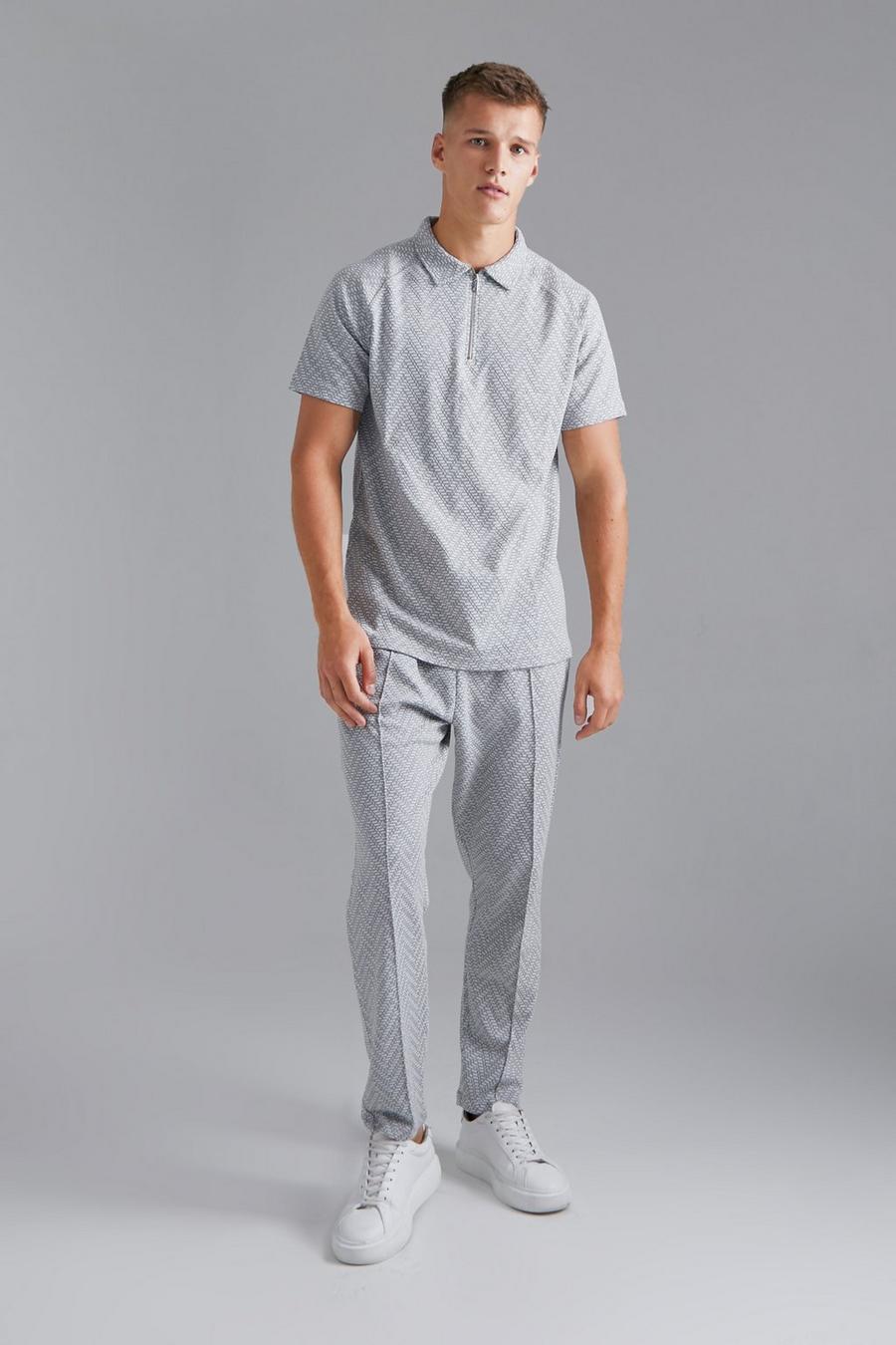 Tall Jacquard Raglan Poloshirt & schmale Jogginghose, Grey image number 1