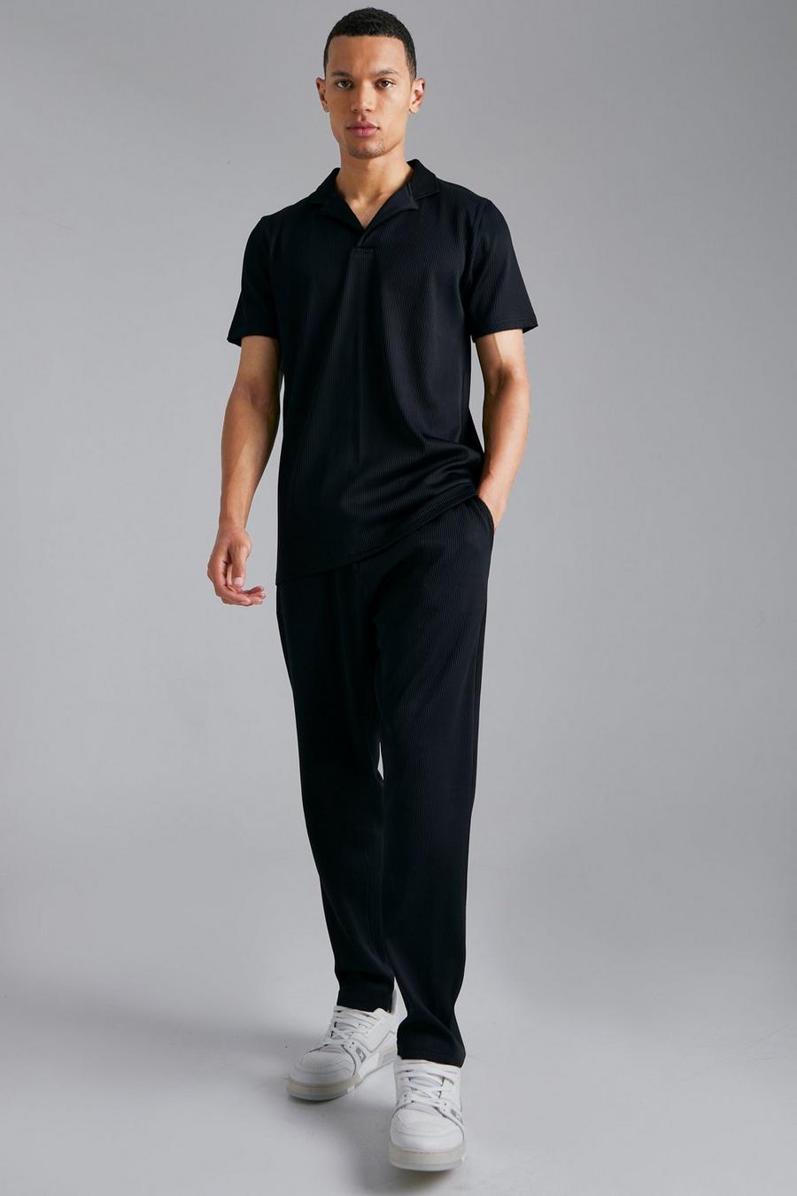 Black Tall Slim Pleated Polo And Tapered Jogger Set image number 1