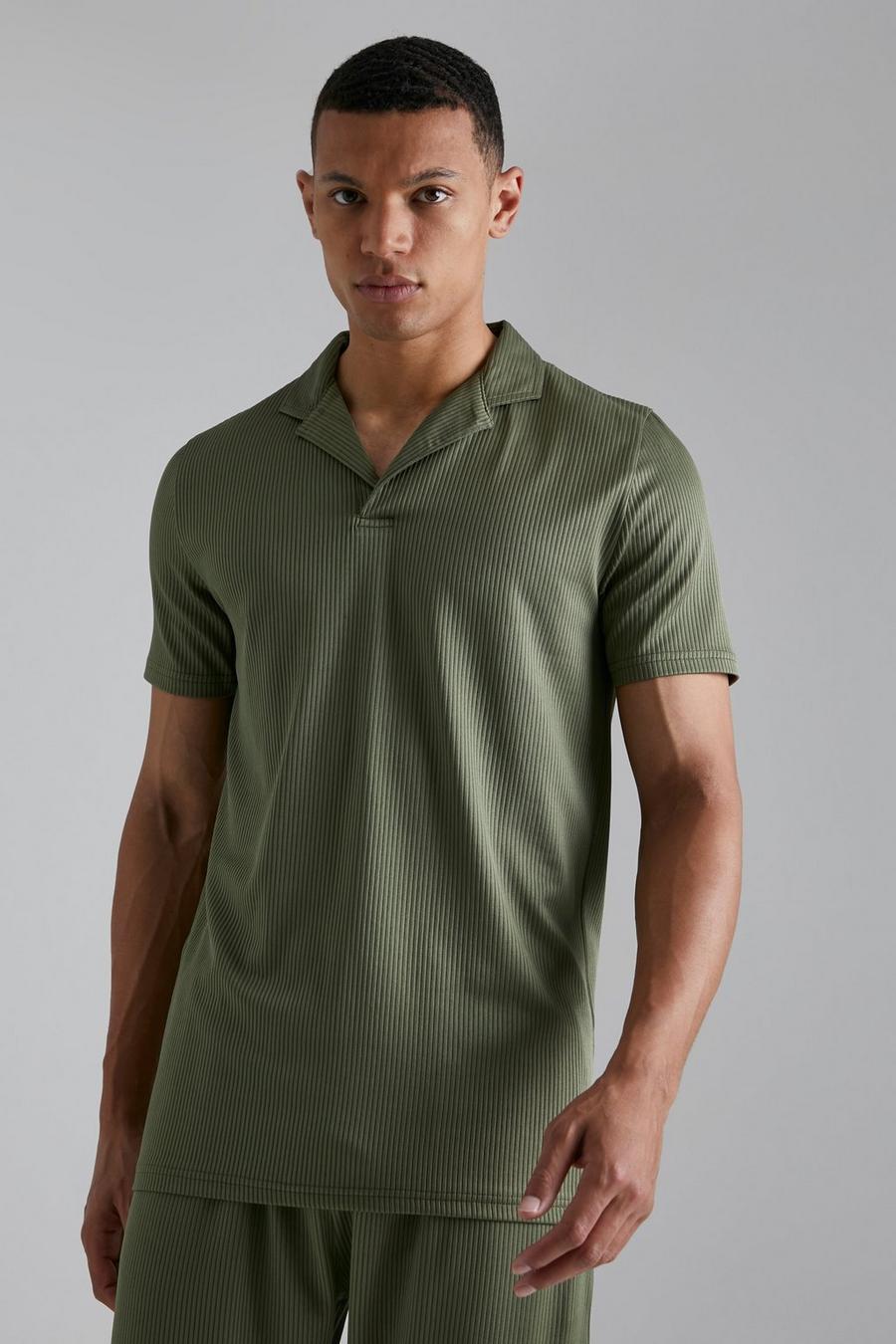 Olive Tall Slim Fit Revere Collar Pleated Polo Top image number 1
