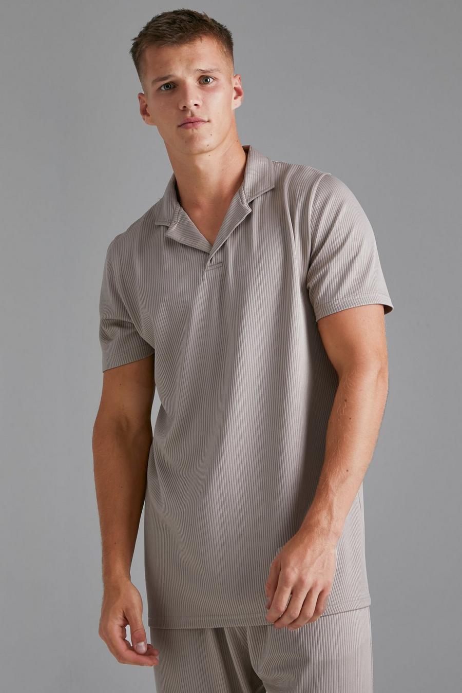 Taupe Tall Slim Fit Revere Collar Pleated Polo Top image number 1