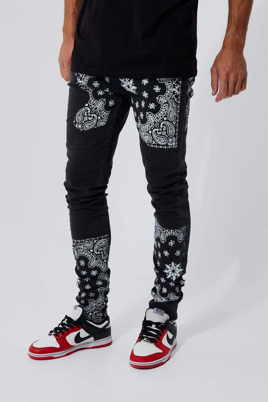 Jeans Tall Skinny Fit Stretch con stampa in fantasia a bandana, Black image number 1