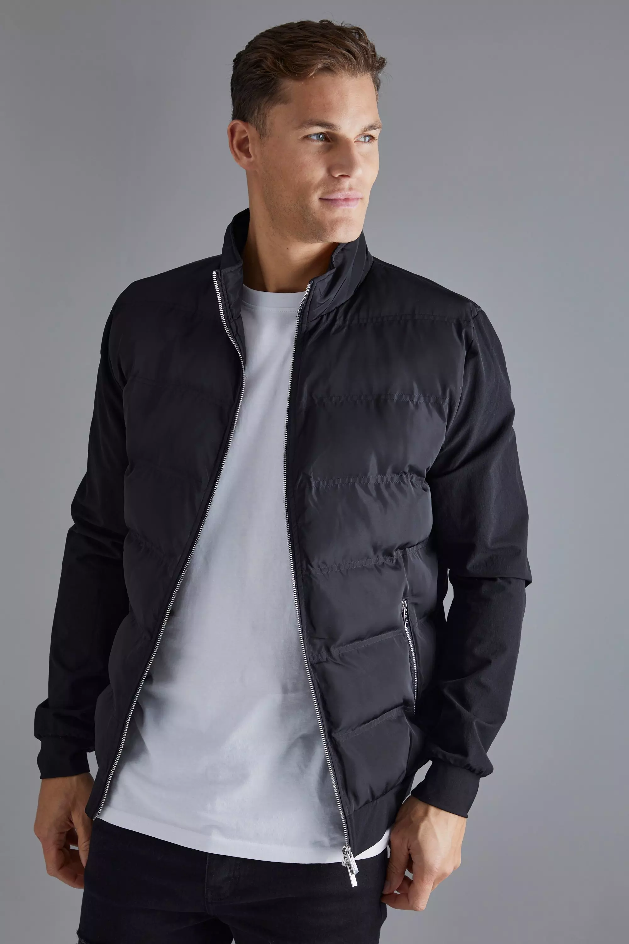 Black thin puffer jacket best sale