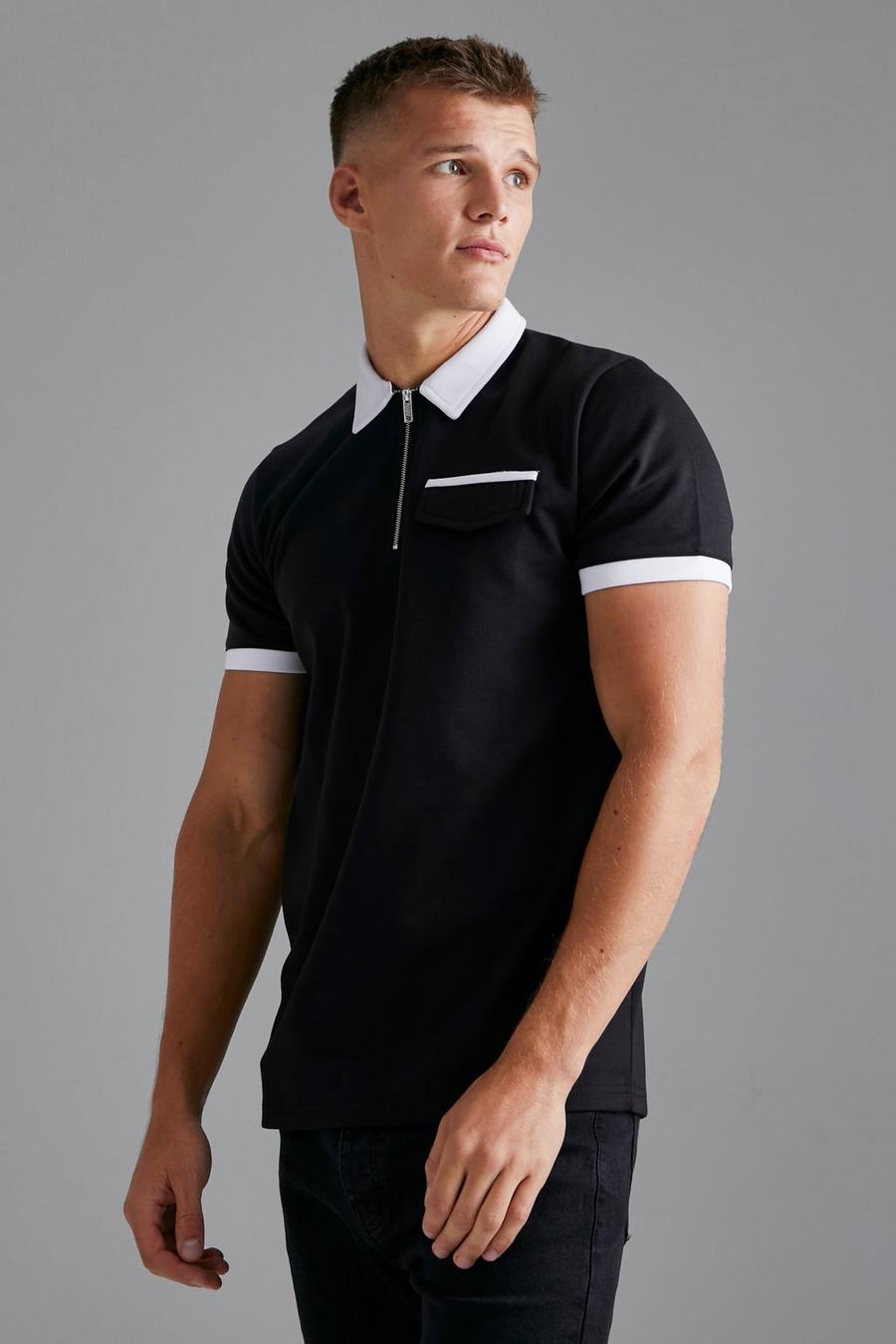 Black Tall Slim Fit Contrast Collar Polo image number 1