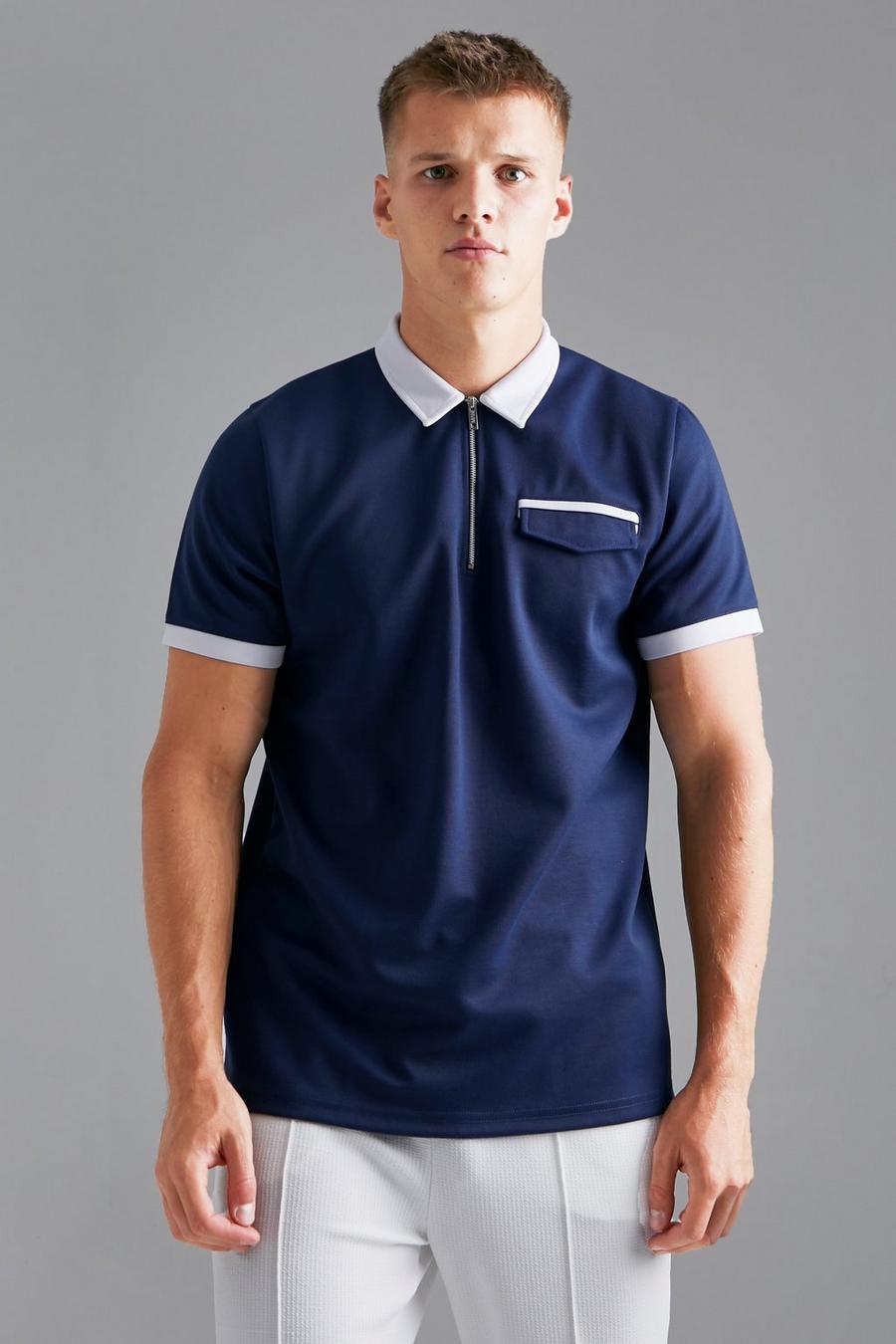 Navy azul marino Tall Slim Fit Contrast Collar Polo image number 1