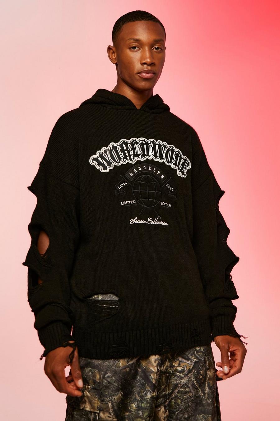 Black negro Oversized Varsity Distressed Knitted Hoodie image number 1