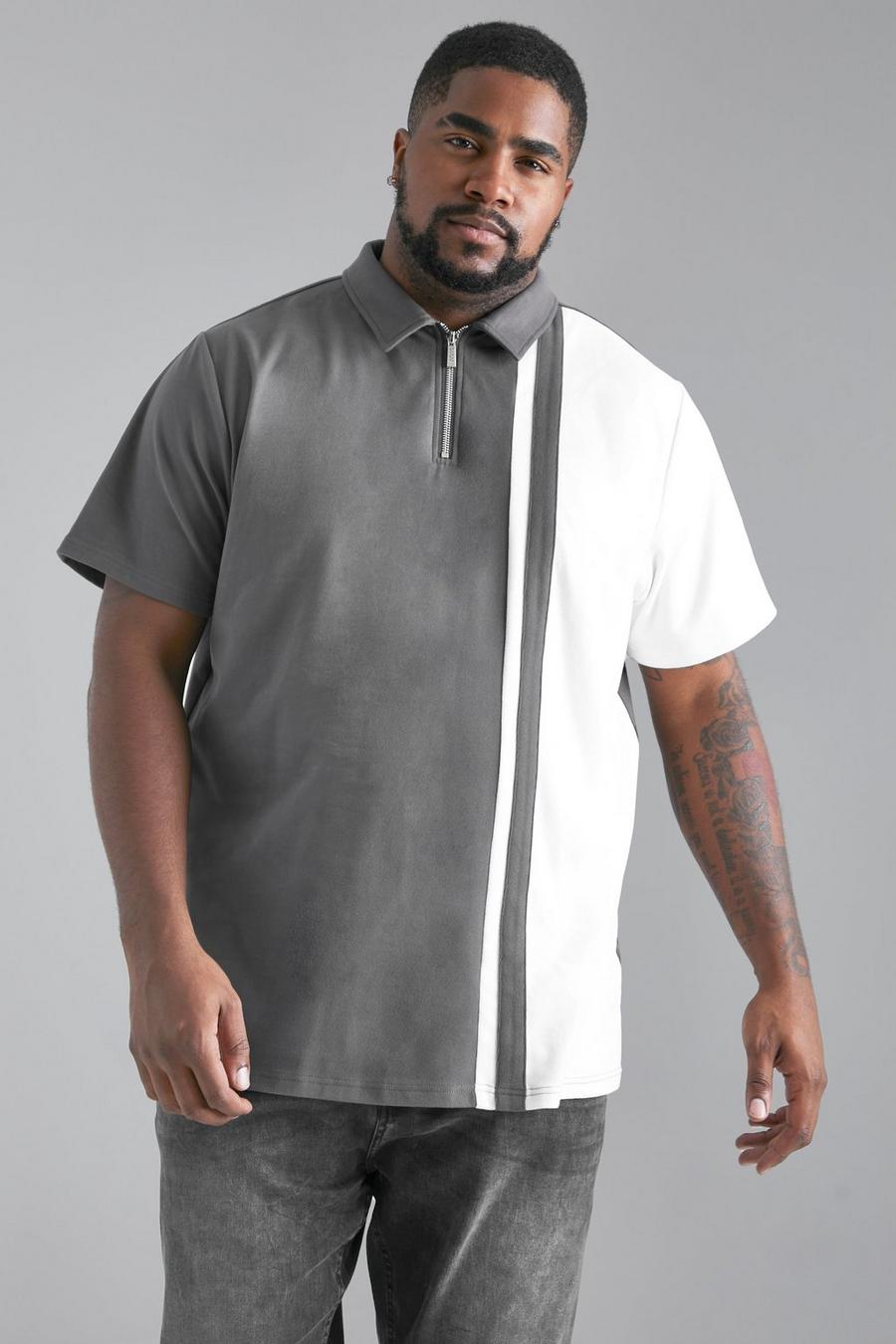 Dark grey Plus Slim Fit Soft Touch Panelled Zip Polo image number 1