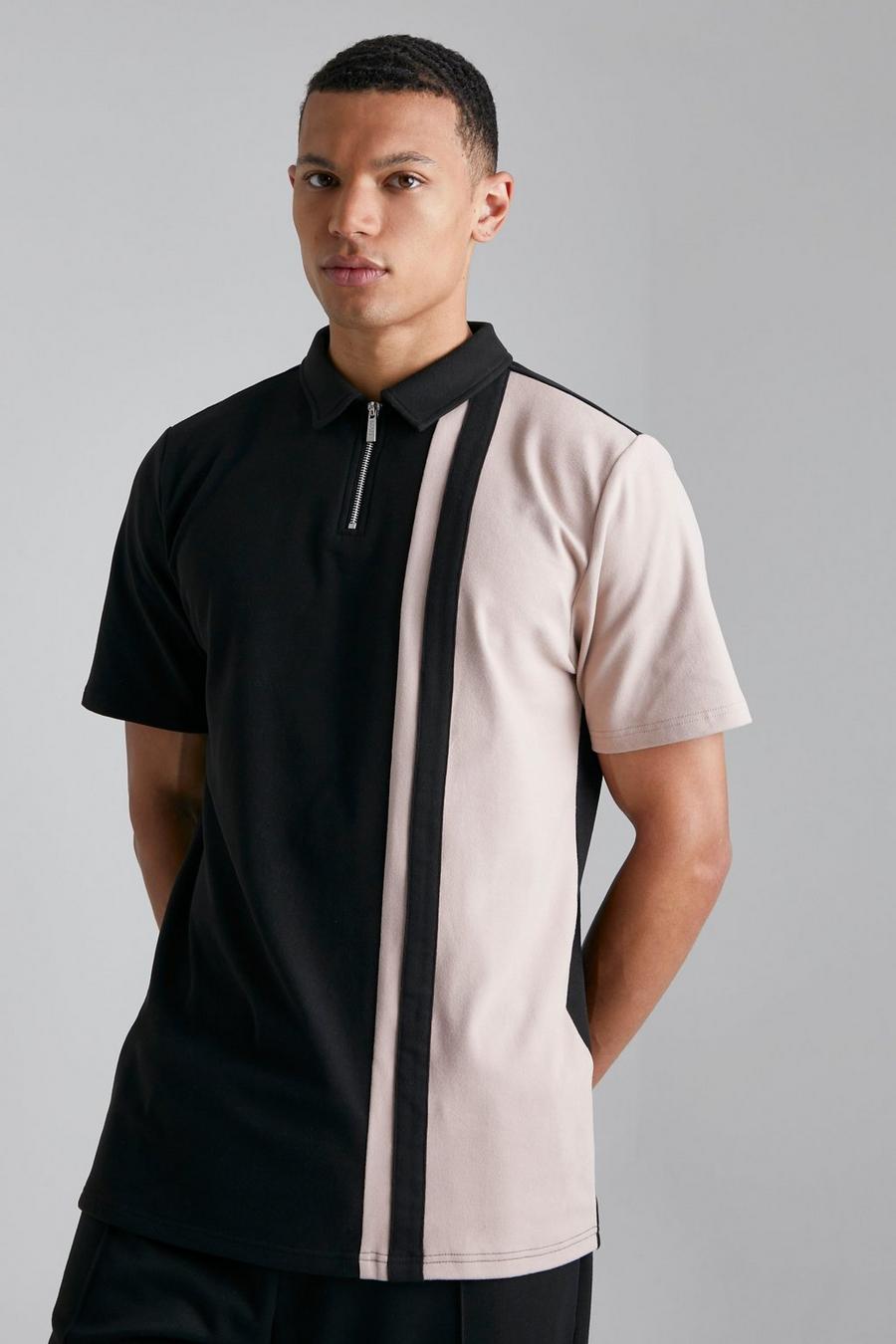 Black Tall Soft Touch Panelled Zip Polo image number 1