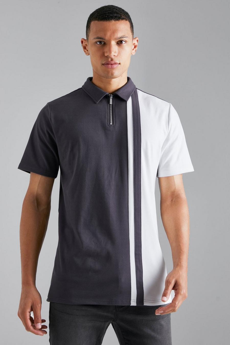 Dark grey Tall Soft Touch Panelled Zip Polo image number 1