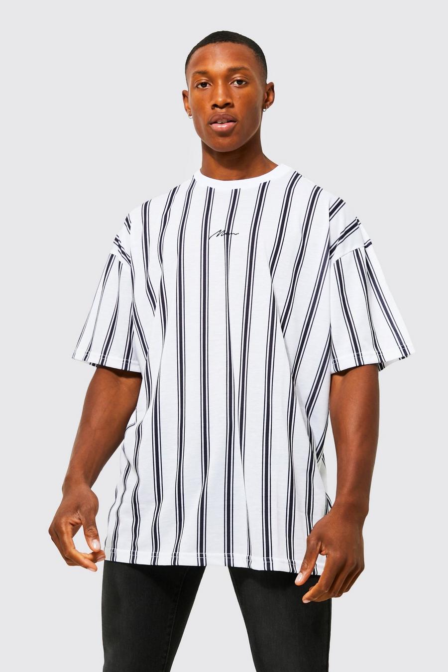 White Randig oversize t-shirt med MAN-logga image number 1