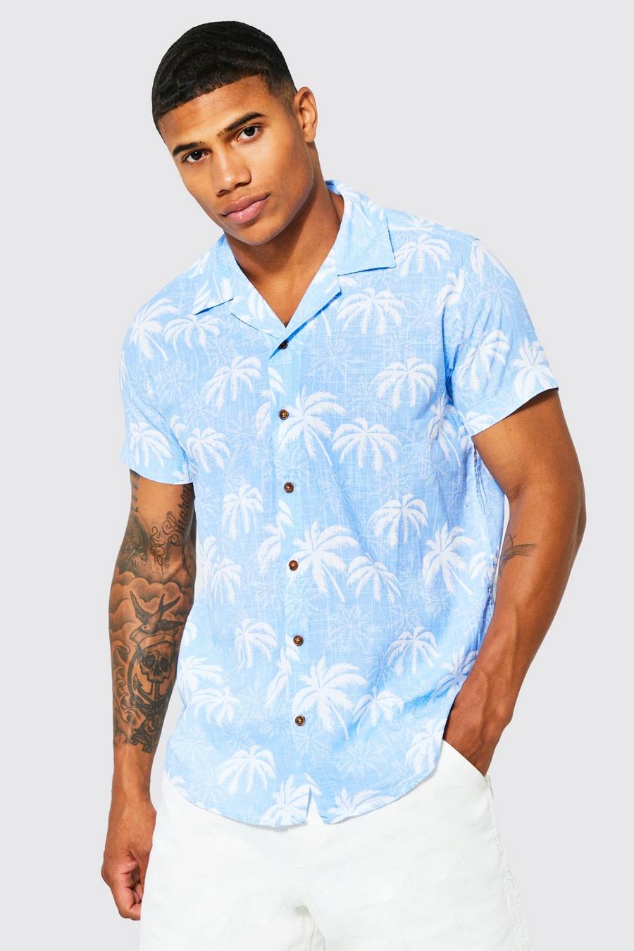 Blue Linen Short Sleeve Palm Print Shirt  
