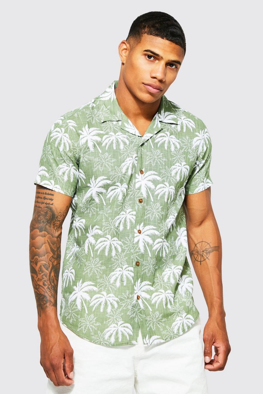 Camisa de manga corta y lino con estampado de palmeras, Green verde image number 1