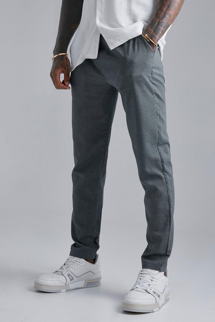 Khaki Elastic Waist Slim Fit Pinstripe Trouser image number 1