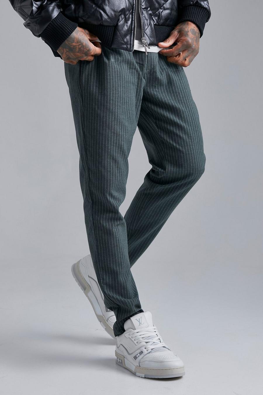 Khaki Elastic Waist Slim Fit Striped Trouser image number 1
