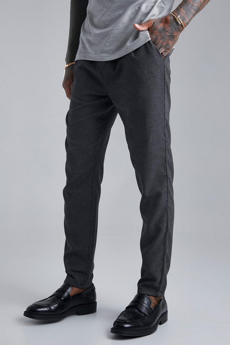 Pantalon slim rayé à taille élastique, Black image number 1