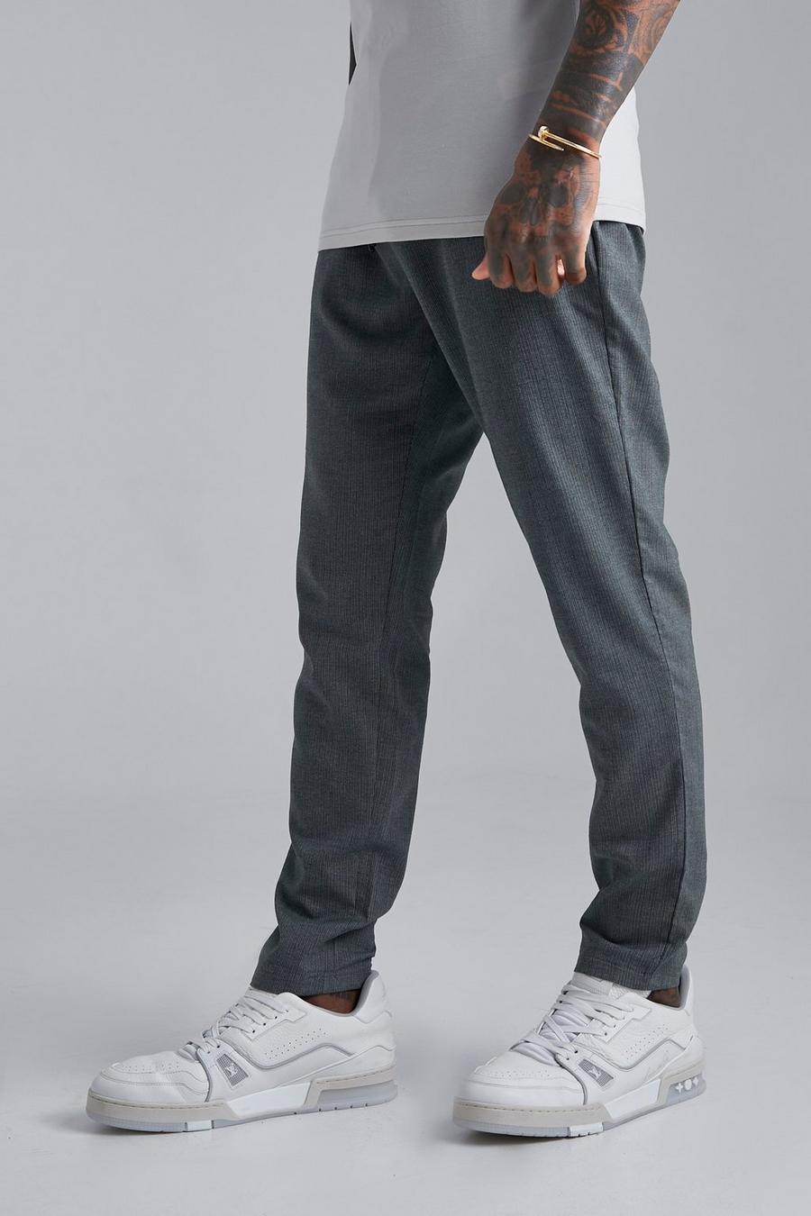 Khaki Elastic Waist Slim Fit Pinstripe Trouser