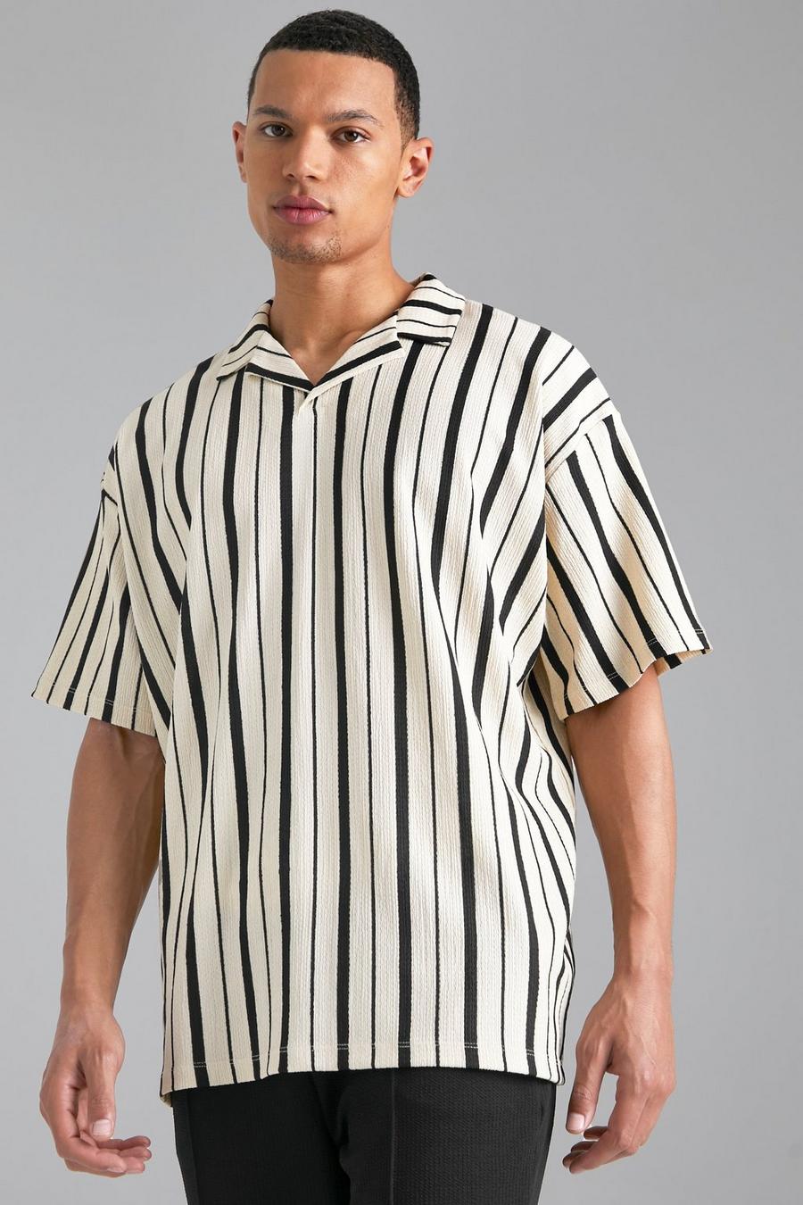 Ecru Tall Loose Fit Stripe Crinkle Revere Polo image number 1