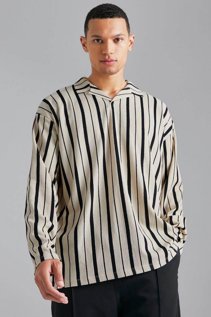 Ecru Tall Loose Fit Long Stripe Crinkle Polo image number 1