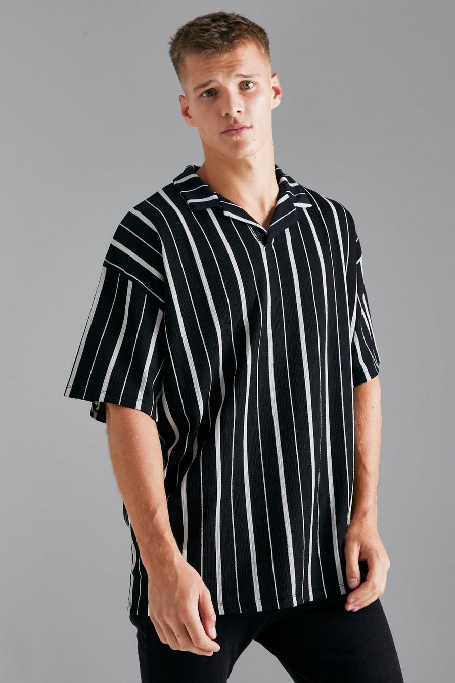 Black Tall Loose Fit Stripe Crinkle Revere Polo