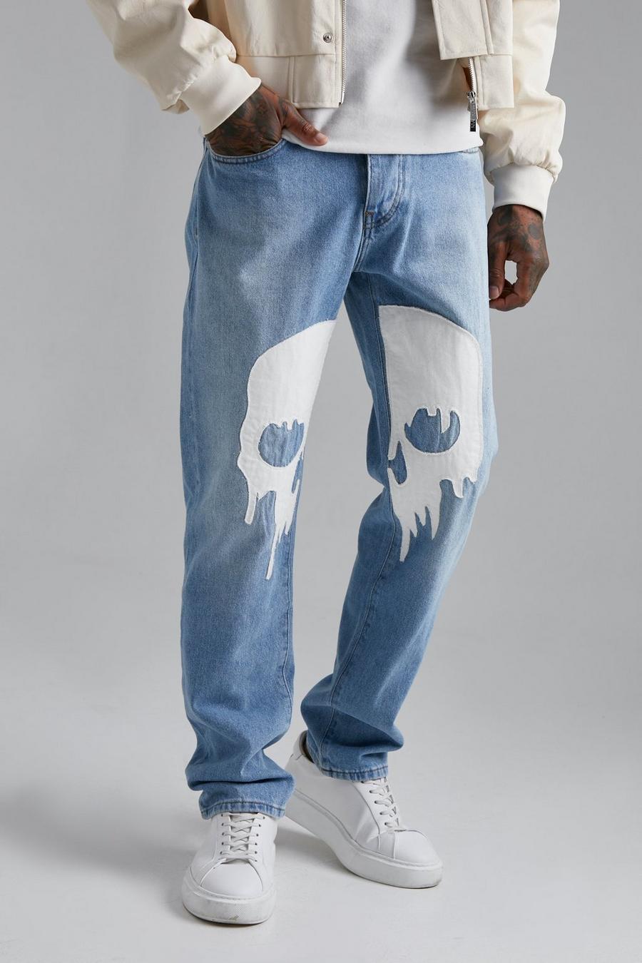 Jeans dritti con applique di teschio, Light blue image number 1
