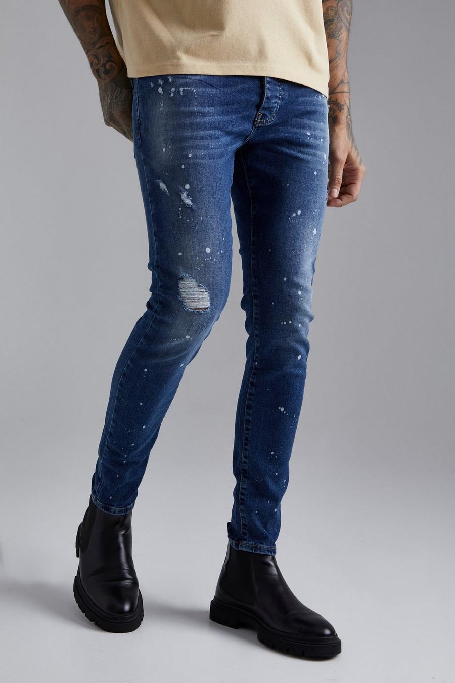 Zerrissene Skinny Stretch Jeans mit Nieten, Mid blue