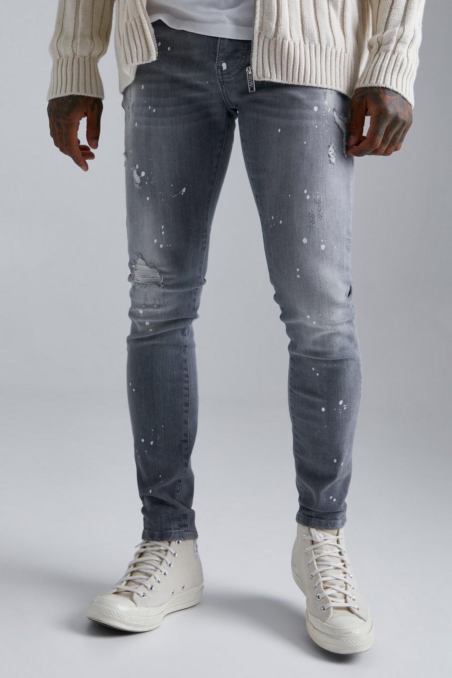 Mid grey gris Skinny Stretch Ripped Stud Pocket Jeans