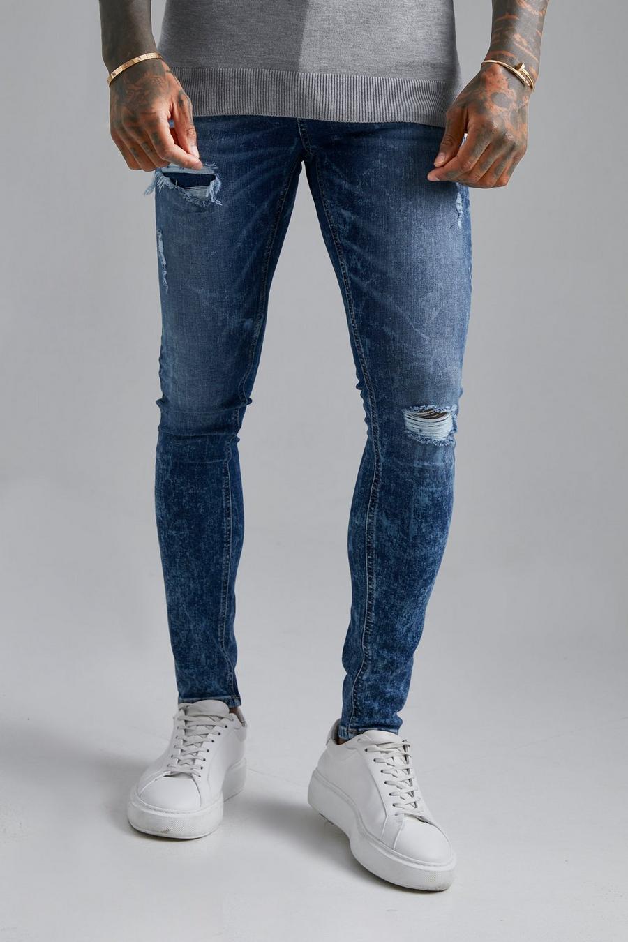 Mid blue Super Skinny Stretch Ripped Bleached Jeans