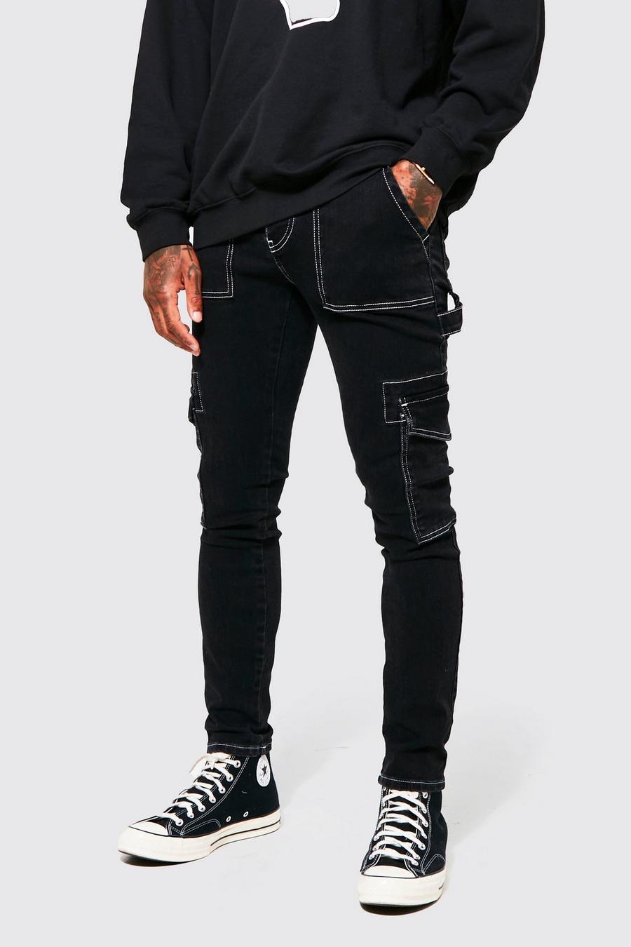 Washed black Skinny Stretch Contrast Stitch Cargo Jeans image number 1