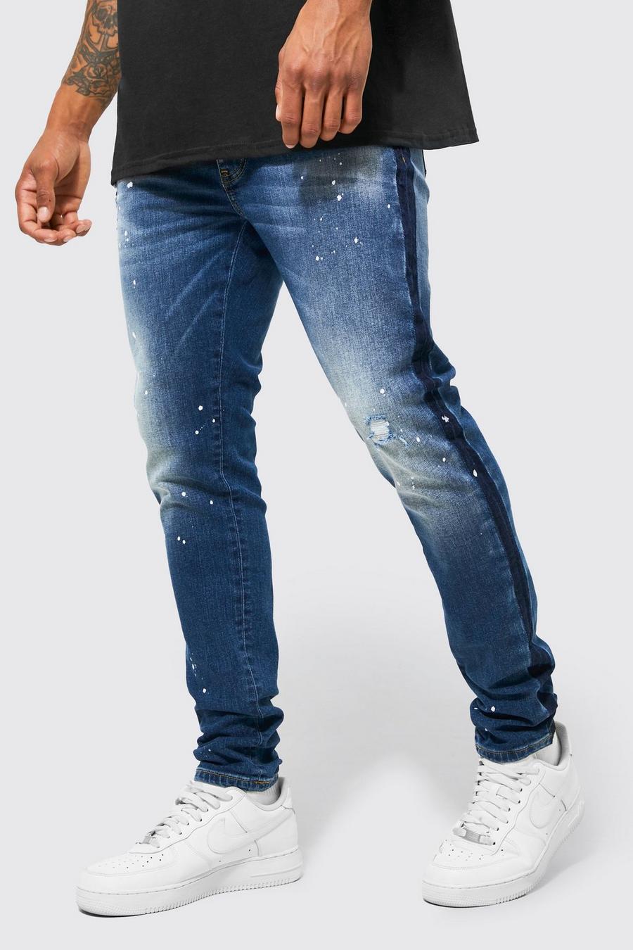 Dark blue Skinny jeans med stretch och färgstänk image number 1