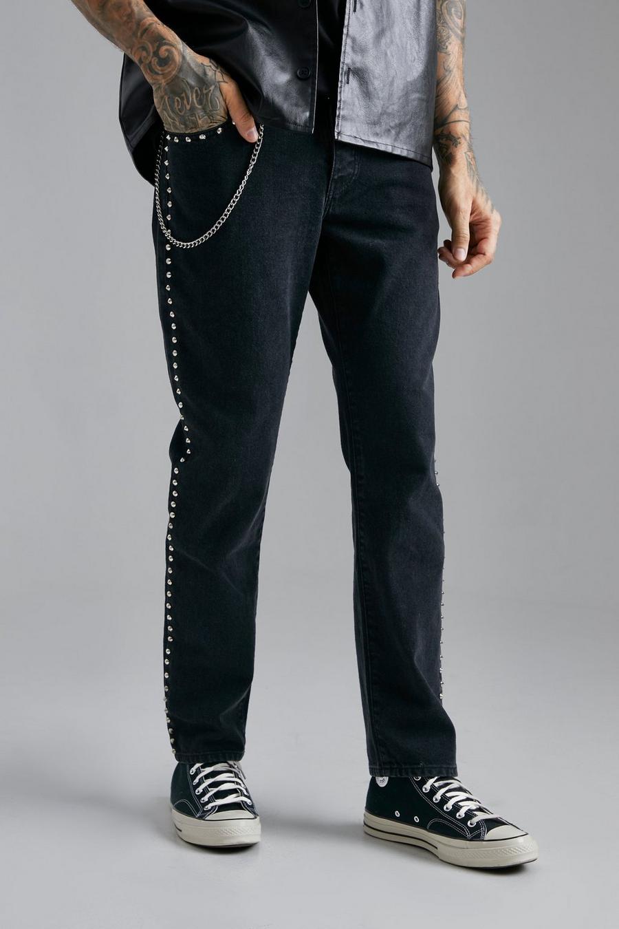 Washed black Straight Leg Stud Detail Jeans With Chain image number 1