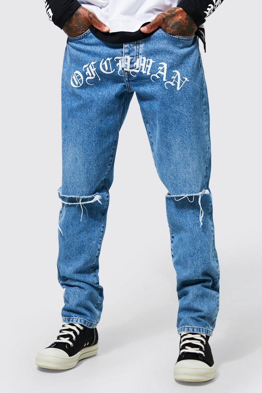 כחול בהיר ג'ינס בגזרת רגל ישרה עם הדפס Ofcl Man image number 1