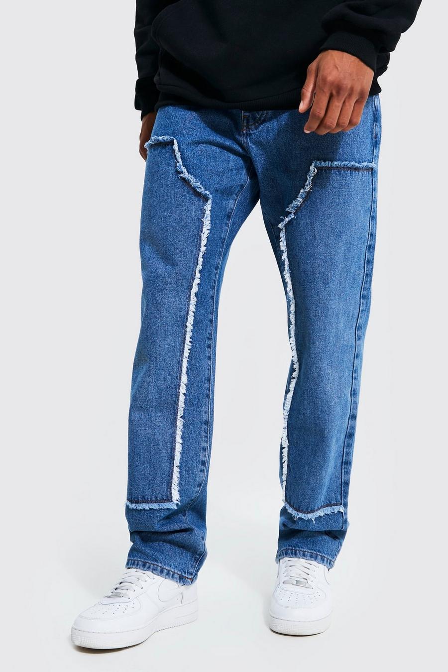 Mid blue Relaxed Raw Edge Worker Panelled Jeans image number 1