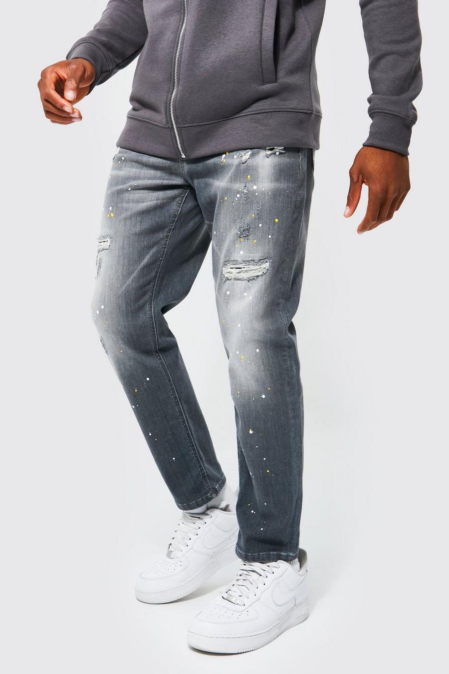 Mid grey Carrot Fit Ripped Jeans With Paint Splatter image number 1