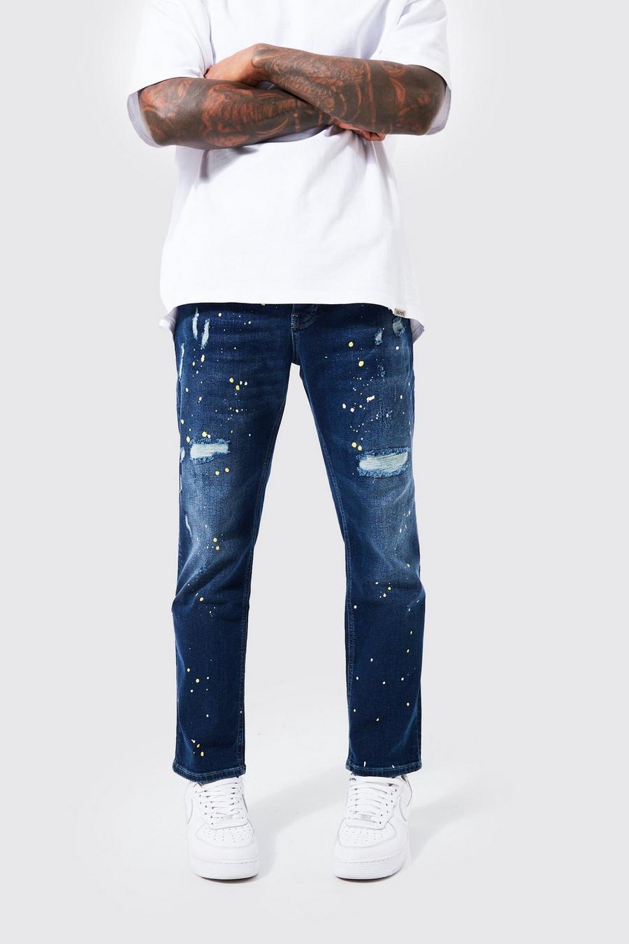 Indigo bleu Carrot Fit Ripped Jeans With Paint Splatter