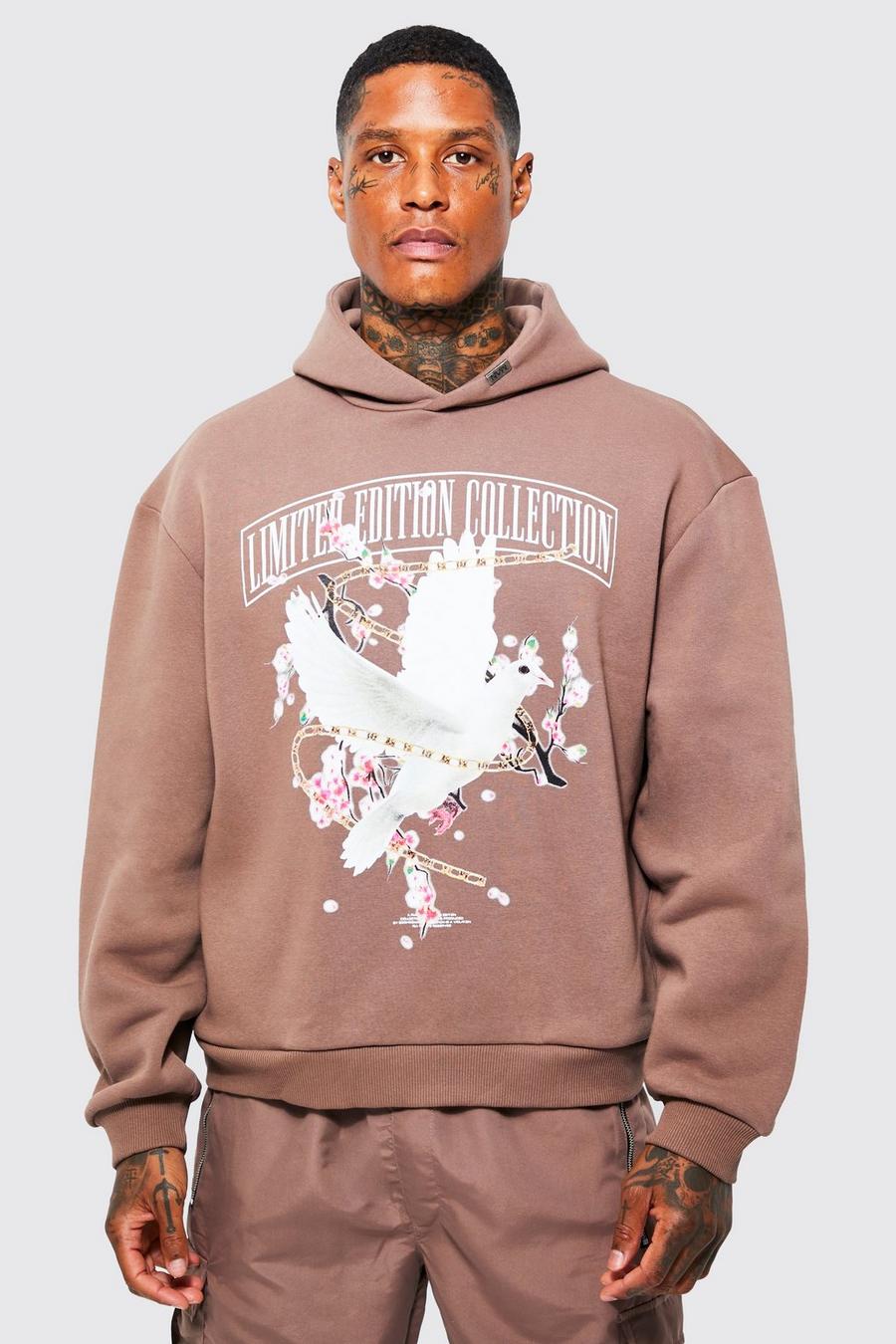 Chocolate Oversized Boxy Dove Graphic Hoodie image number 1