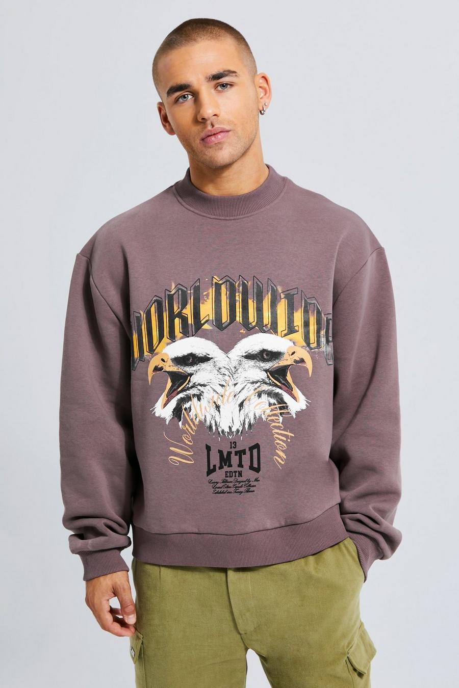 Mink brown Boxy Extended Neck Graphic Sweatshirt