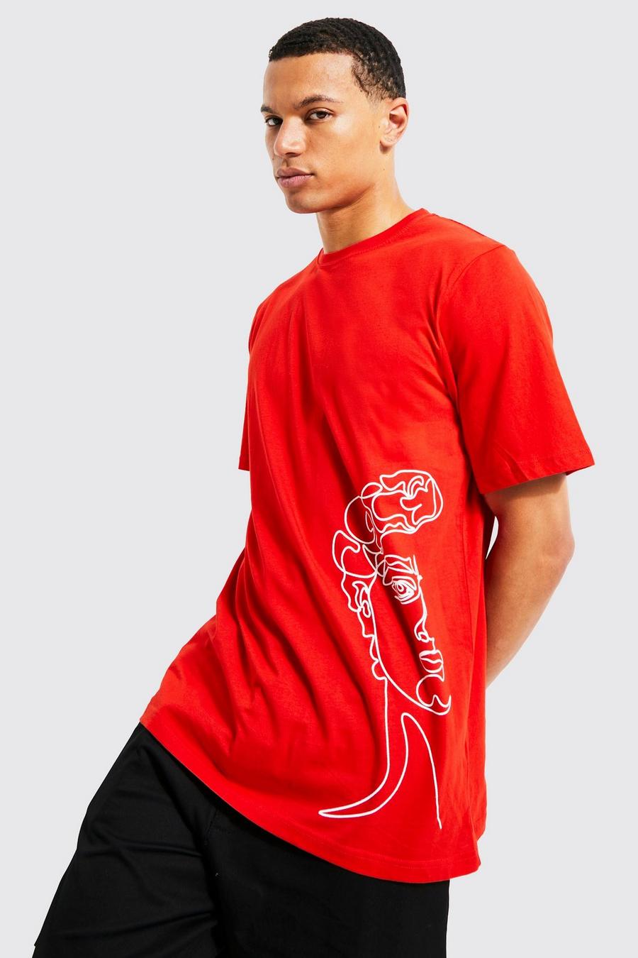 אדום rojo טישרט עם הדפס גרפי של רישום קו בסגנון רומאי, לגברים גבוהים