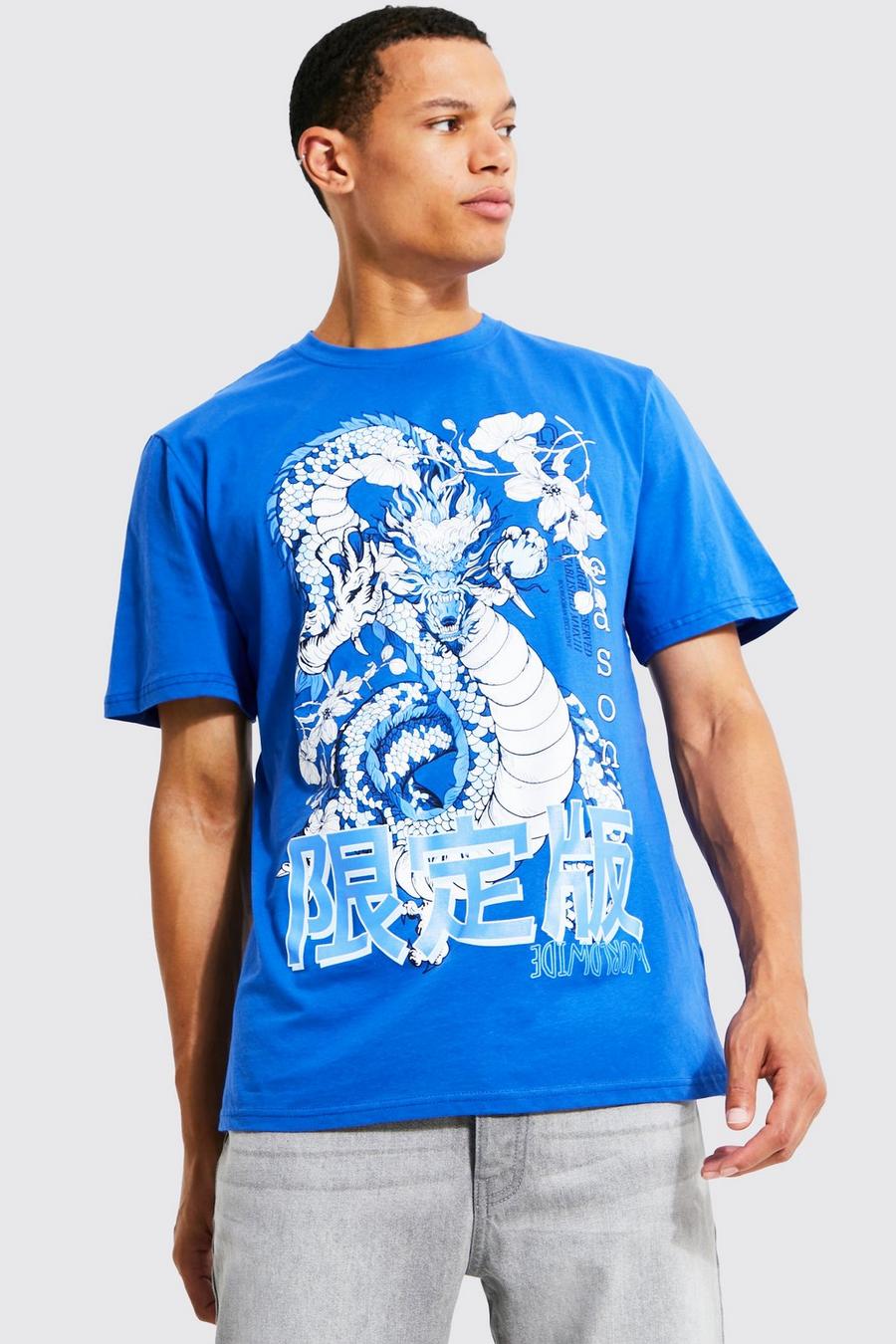 Cobalt azul Tall Dragon Floral Graphic Print T-shirt