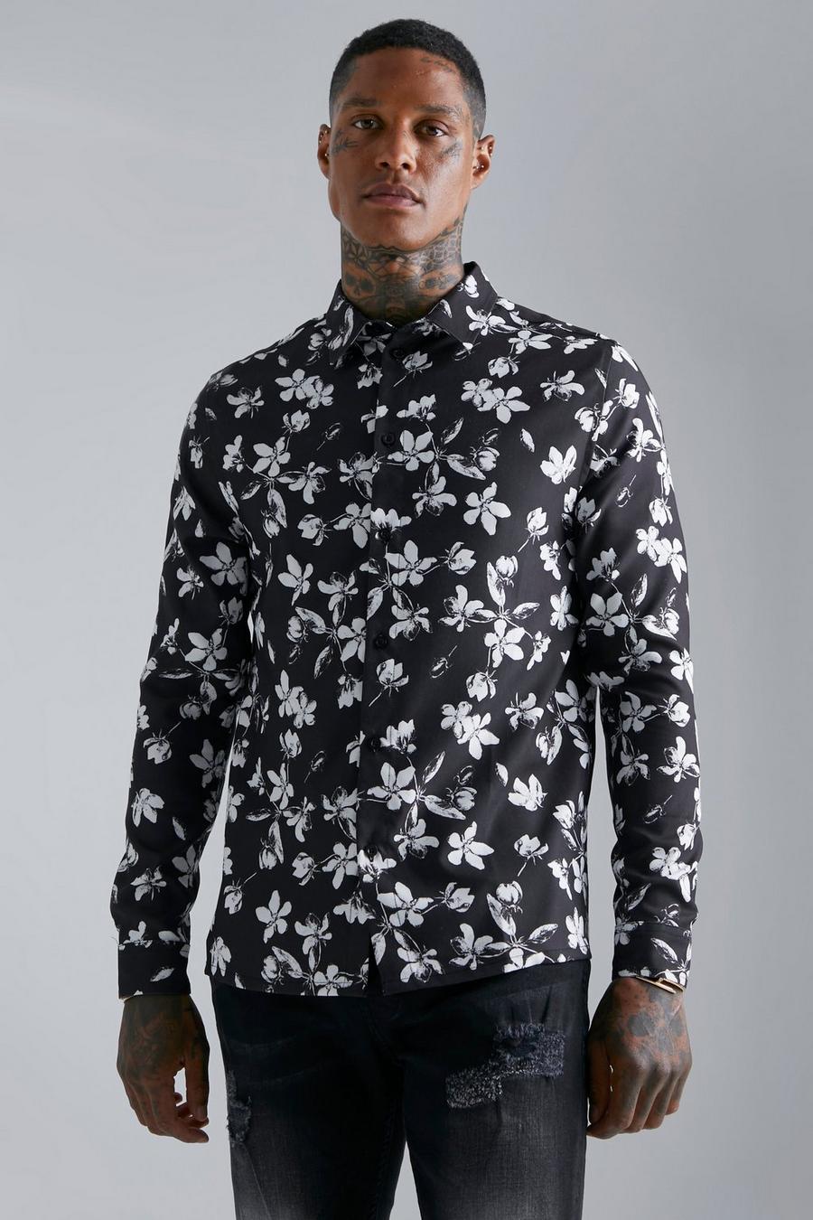 Black nero Long Sleeve  Floral Shirt