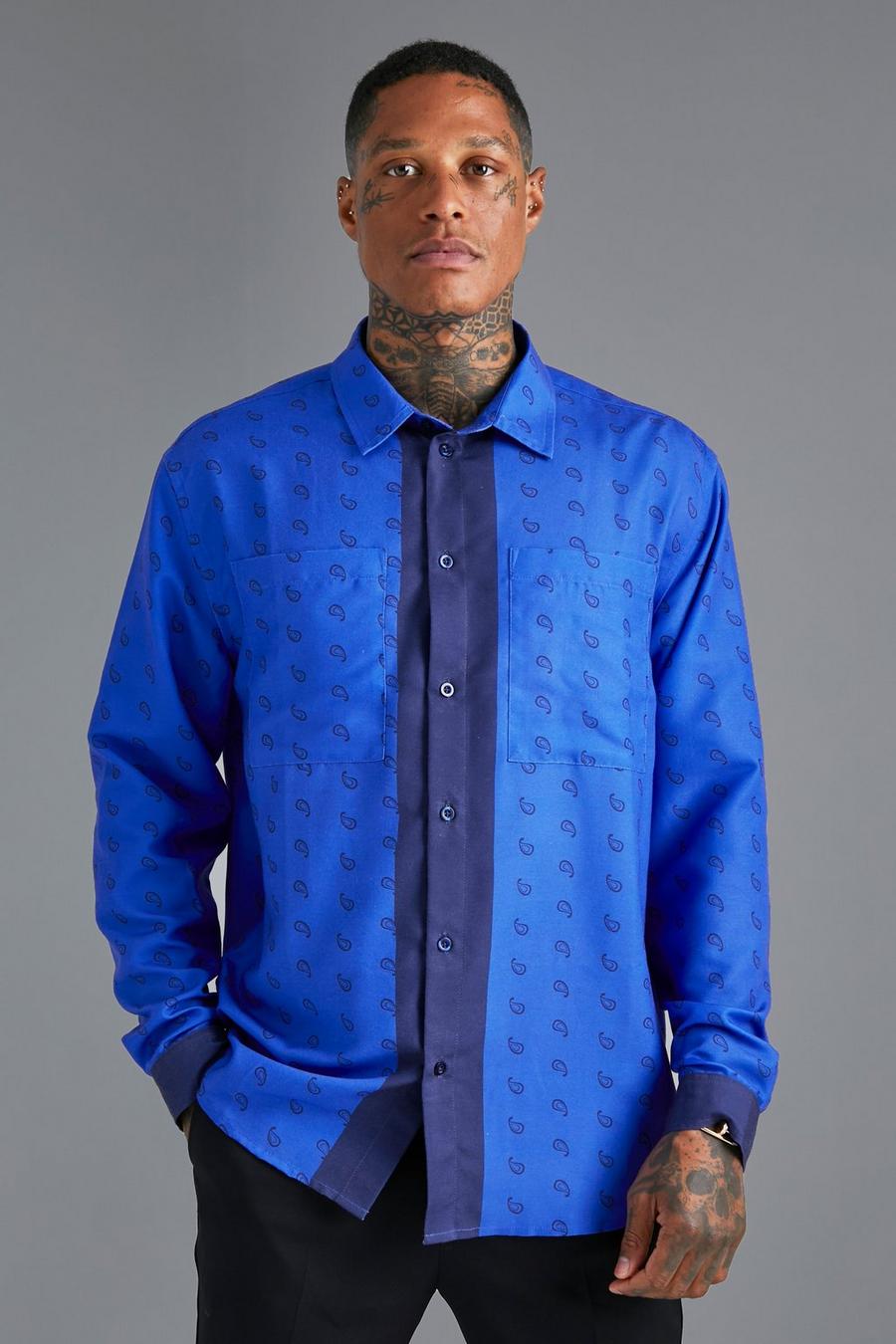 Cobalt blau Long Sleeve Oversized  Paisley Shirt image number 1