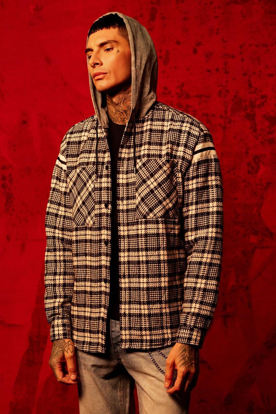 Black Oversized Quilted Check Hooded Shirt image number 1