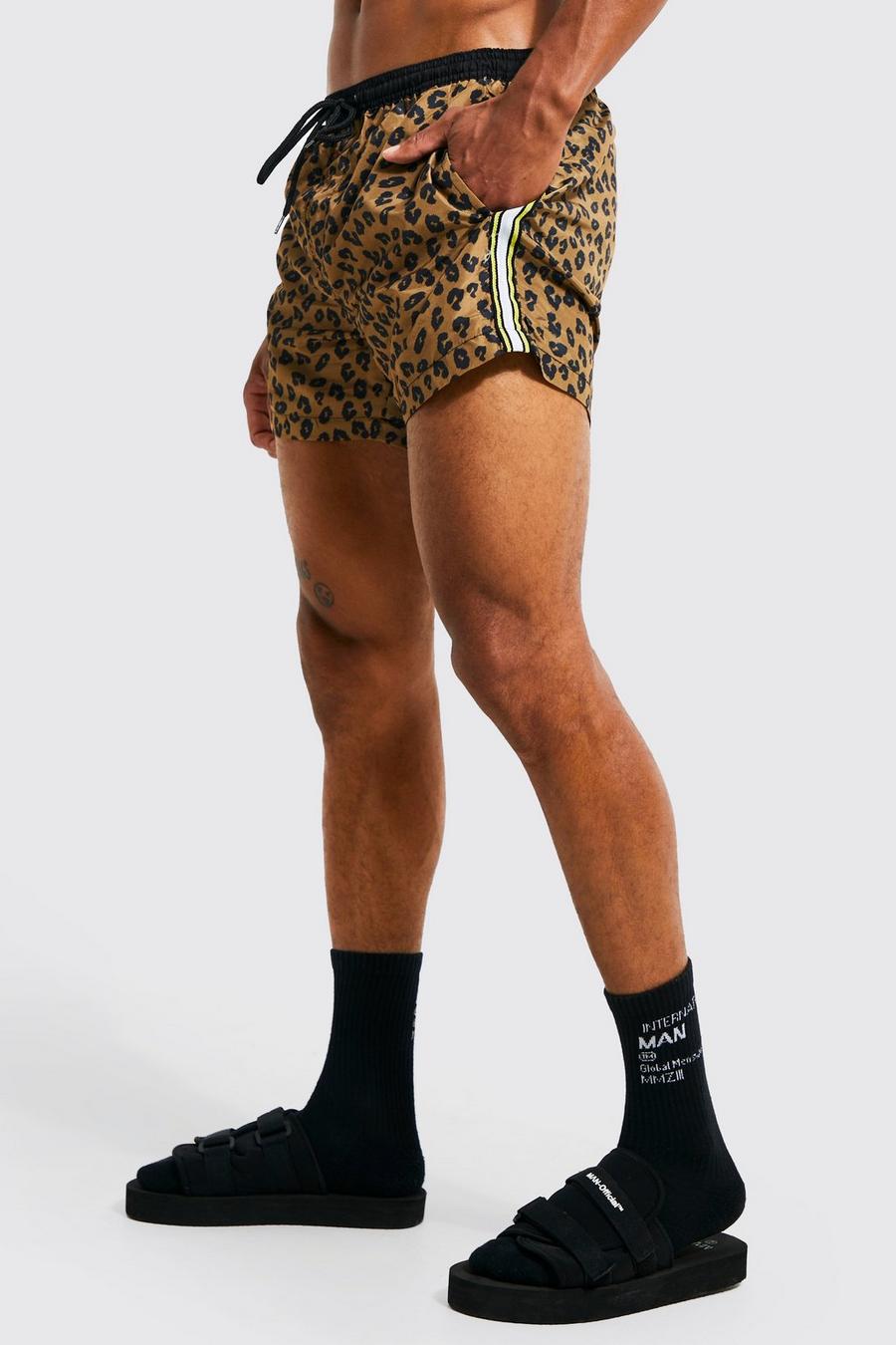 Multi Leopard Print Side Stripe Swim Short